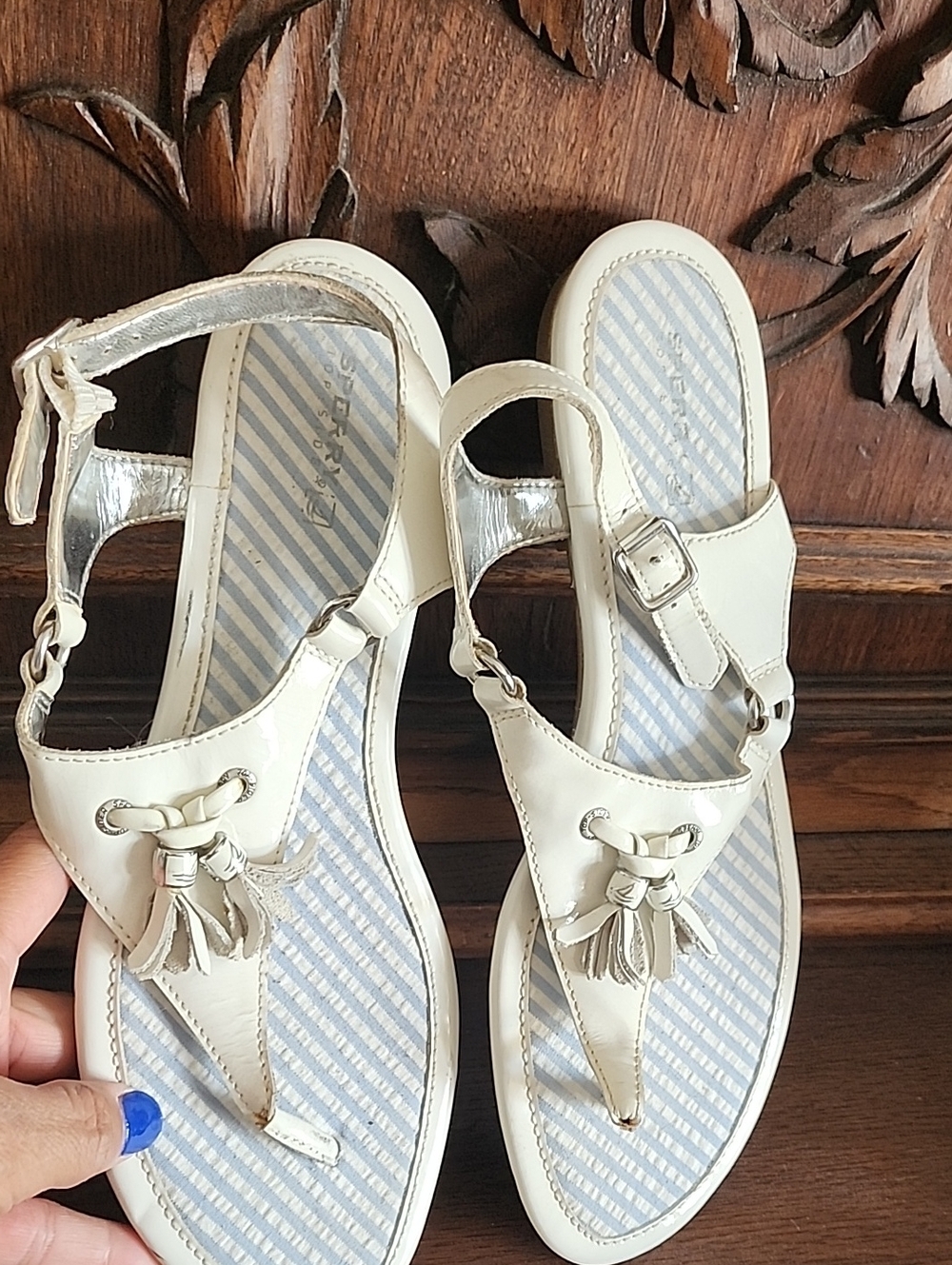 Sperry White  Tassel T-Strap Sandals